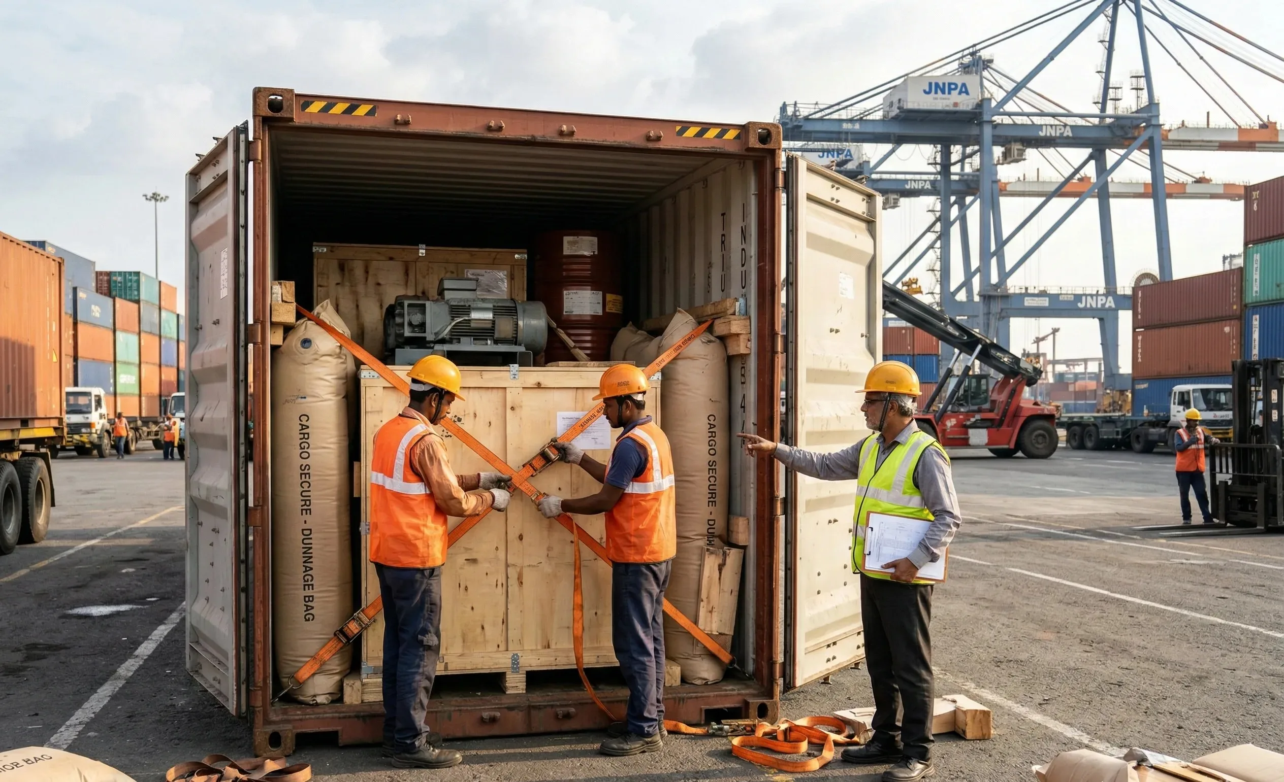 Container loading and lashing industrial goods export